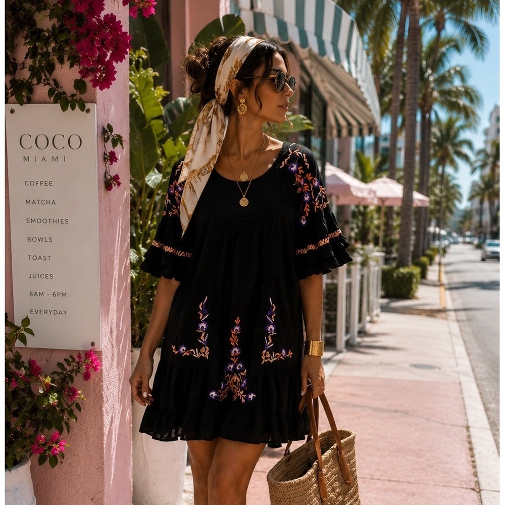 Free People Black Embroidered Floral Mini Dress Ruffle Sleeve Cotton Boho Medium